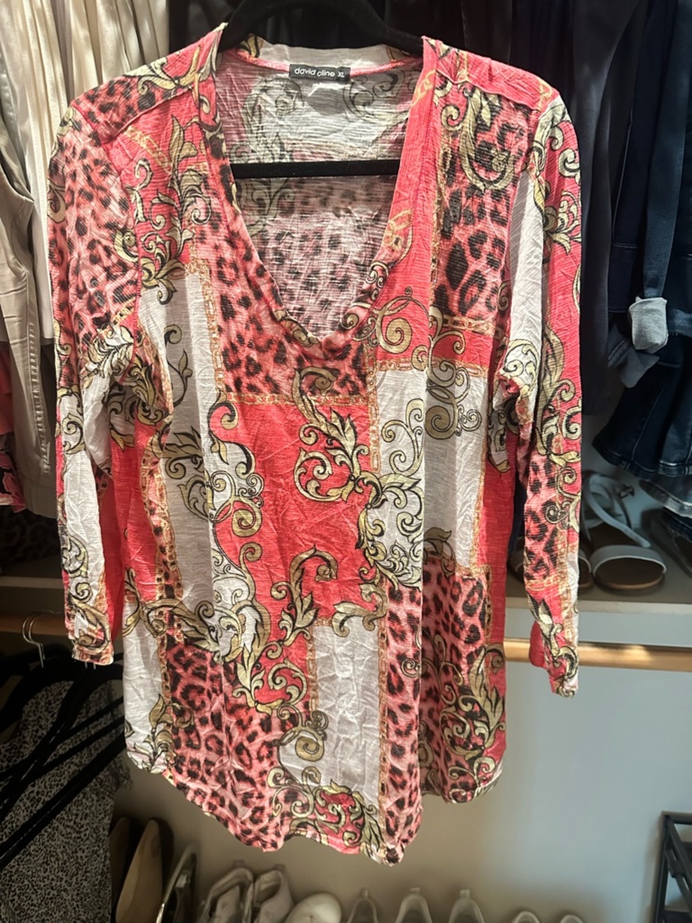 David Cline Coral, White & Gold Baroque-Print V-Neck Tunic